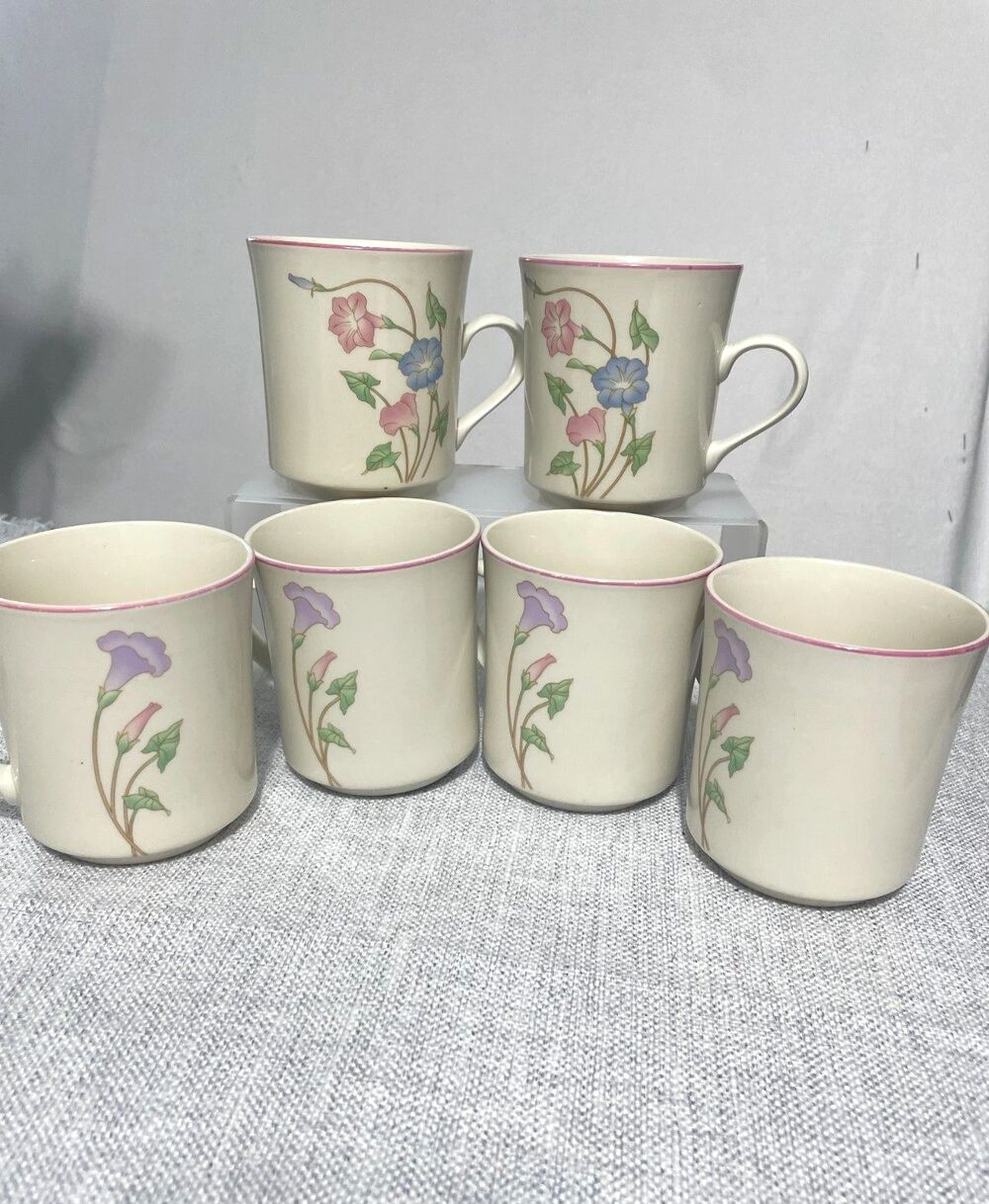 STONE WARE PRIMAVERA 8495 VINTAGE Pingk & Blue Floral‎ COFFEE MUGS SET/6 cups